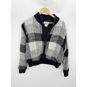 AWINA Black White Plaid Fuzzy Acrylic Wool Zip Up Vest Jacket Women Medium